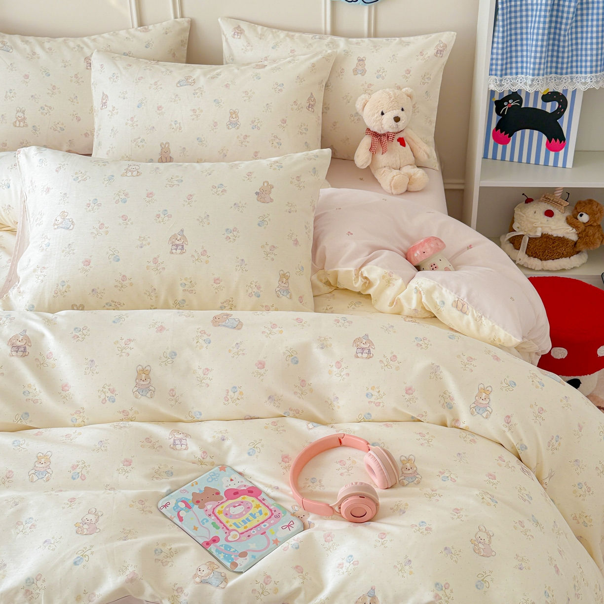 91家纺网 家纺一手货源 找家纺 简宜家居（朝初家纺） 2026新款全棉12868卡通印花四件套大耳朵兔兔系列 兔叽碎花