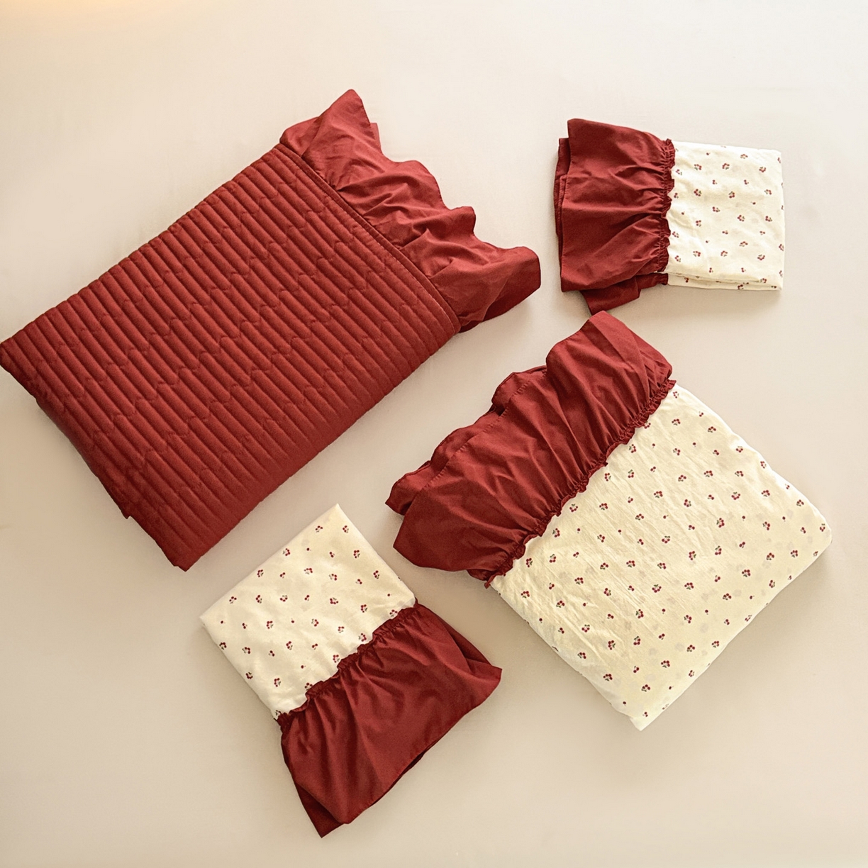 91家纺网 家纺一手货源 找家纺 富米莱（原臻工厂） 2026新款韩系古法韩国水洗棉云棉大布袋法式浪漫大花边床盖夏凉被床盖四件套 爆了樱桃