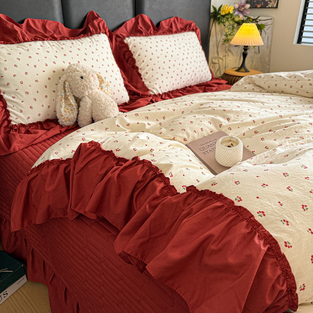 91家纺网 家纺一手货源 找家纺 富米莱（原臻工厂） 2026新款韩系古法韩国水洗棉云棉大布袋法式浪漫大花边床盖夏凉被床盖四件套 爆了樱桃