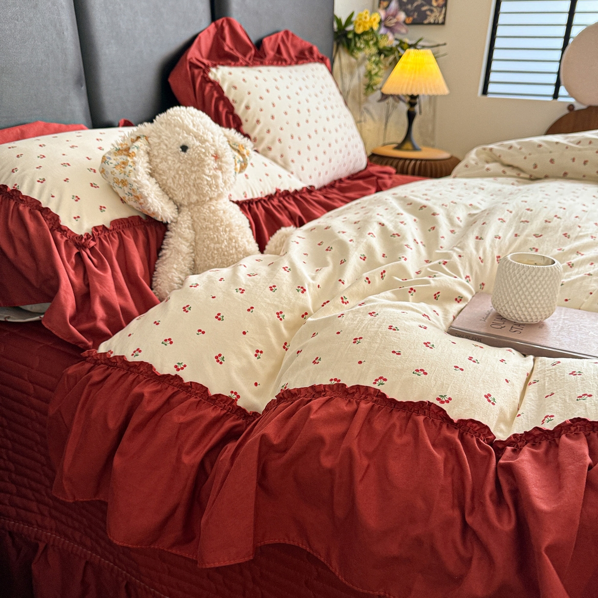 91家纺网 家纺一手货源 找家纺 富米莱（原臻工厂） 2026新款韩系古法韩国水洗棉云棉大布袋法式浪漫大花边床盖夏凉被床盖四件套 爆了樱桃