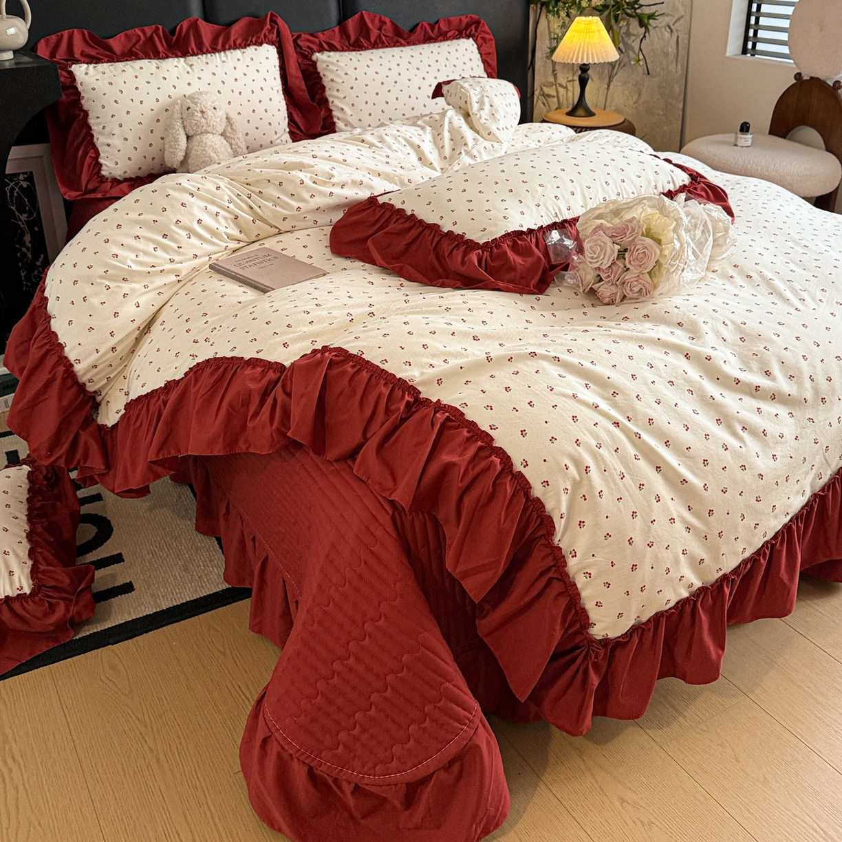 91家纺网 家纺一手货源 找家纺 富米莱（原臻工厂） 2026新款韩系古法韩国水洗棉云棉大布袋法式浪漫大花边床盖夏凉被床盖四件套 爆了樱桃