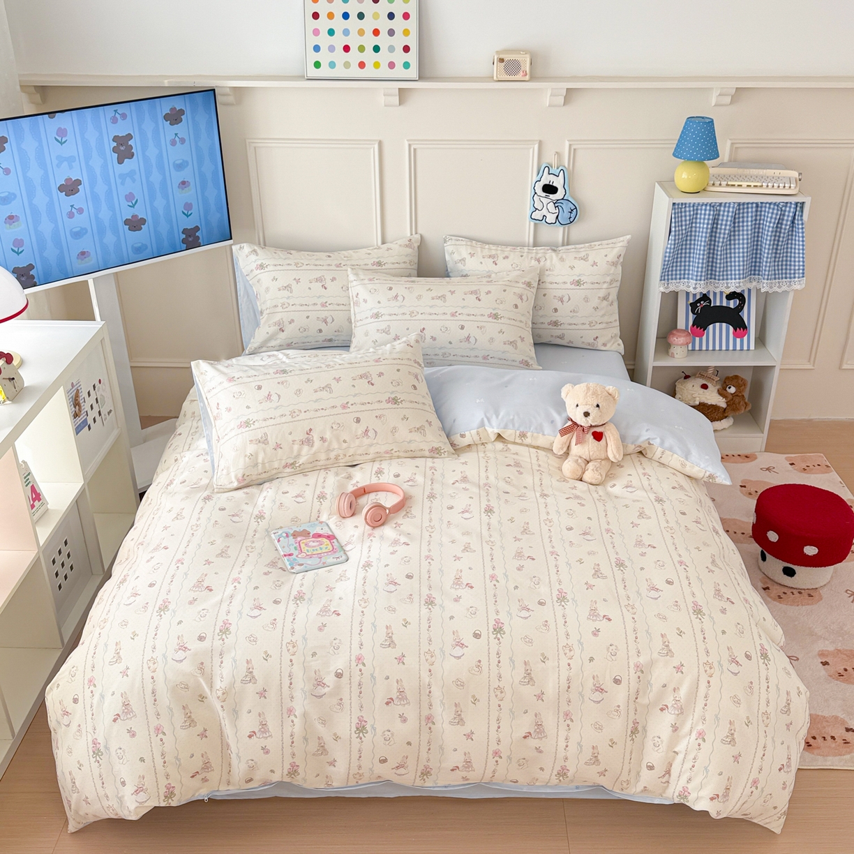 91家纺网 家纺一手货源 找家纺 简宜家居（朝初家纺） 2026新款全棉12868卡通印花四件套大耳朵兔兔系列 兔与花