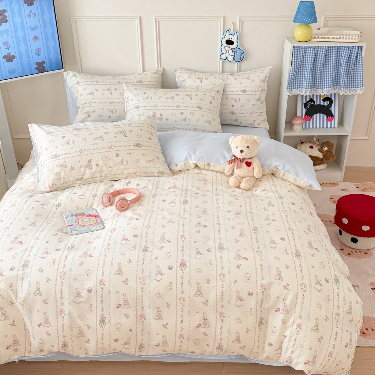 91家纺网 家纺一手货源 找家纺 简宜家居（朝初家纺） 2026新款全棉12868卡通印花四件套大耳朵兔兔系列 兔与花
