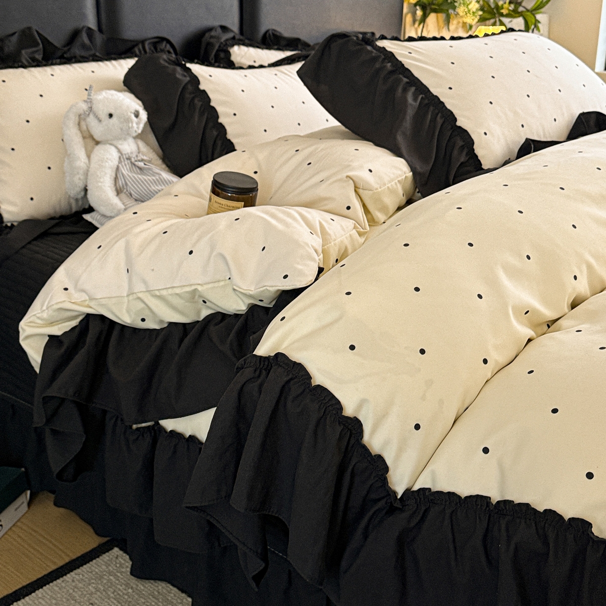 富米莱（原臻工厂） 2026新款韩系古法韩国水洗棉云棉大布袋法式浪漫大花边床盖夏凉被床盖四件套 点点黑