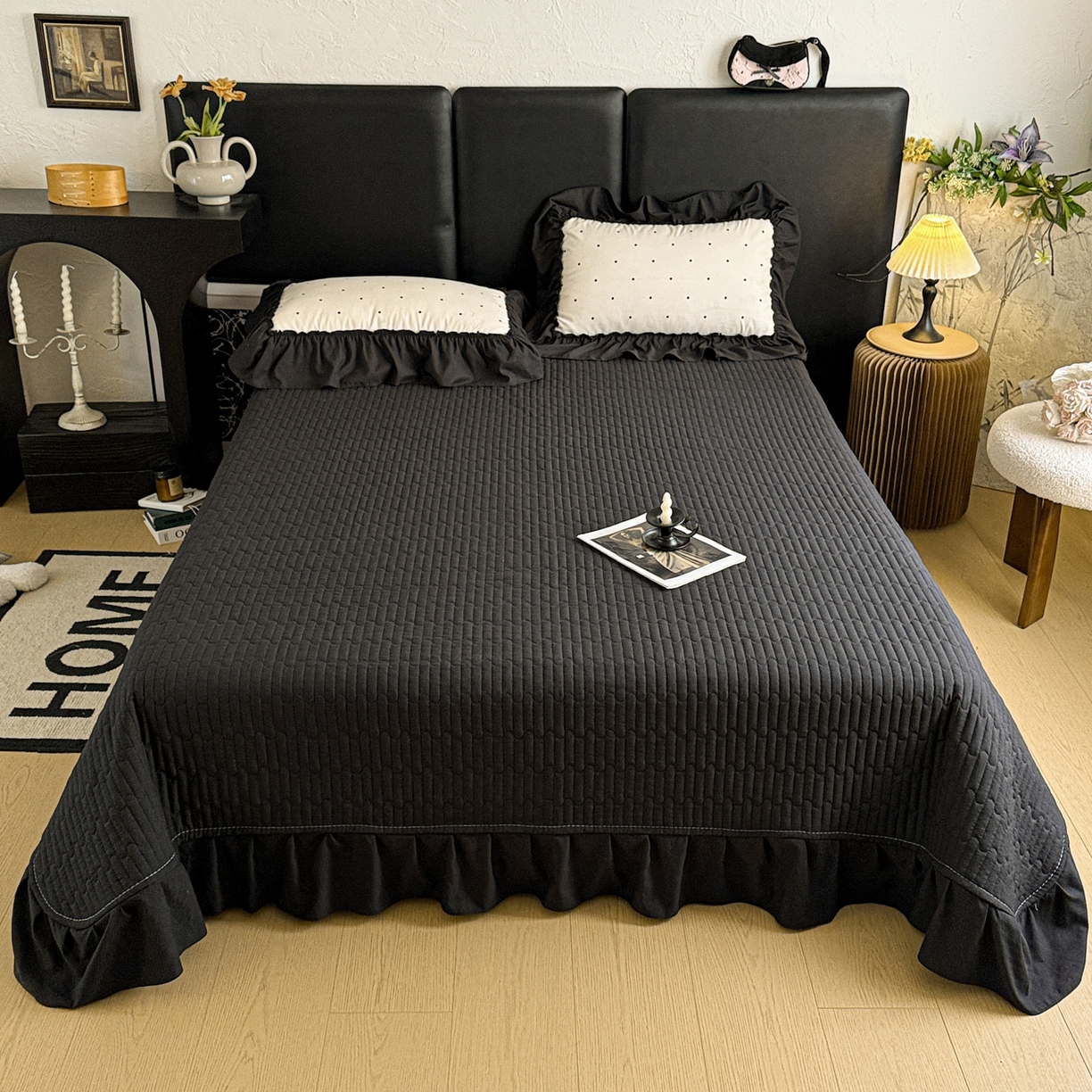 91家纺网 家纺一手货源 找家纺 富米莱（原臻工厂） 2026新款韩系古法韩国水洗棉云棉大布袋法式浪漫大花边床盖夏凉被床盖四件套 点点黑