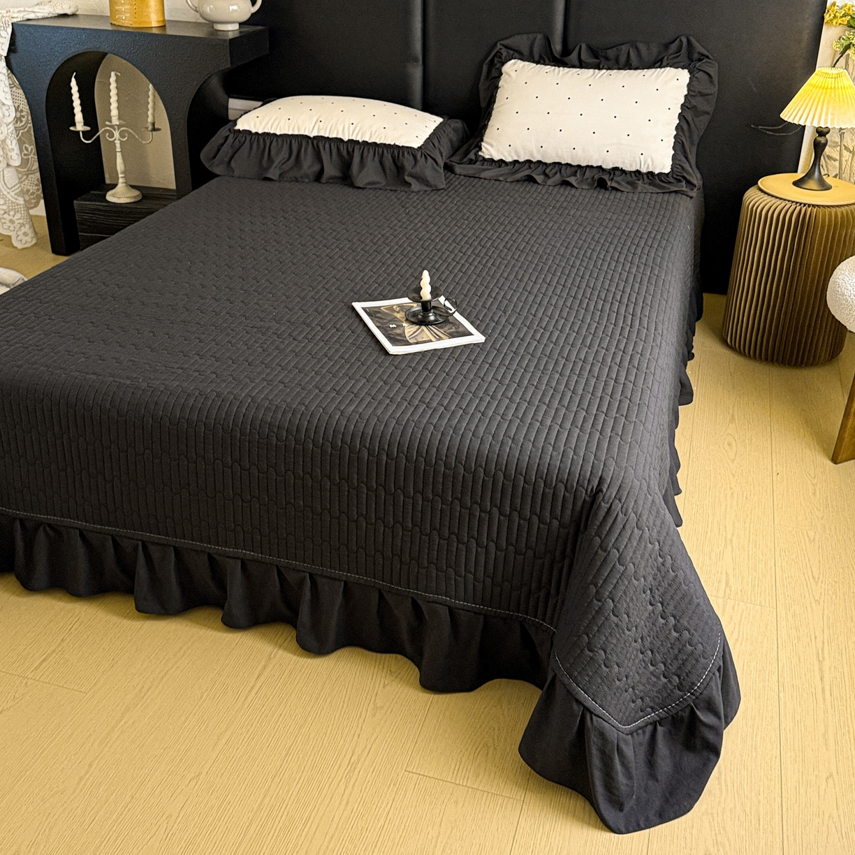 91家纺网 家纺一手货源 找家纺 富米莱（原臻工厂） 2026新款韩系古法韩国水洗棉云棉大布袋法式浪漫大花边床盖夏凉被床盖四件套 点点黑