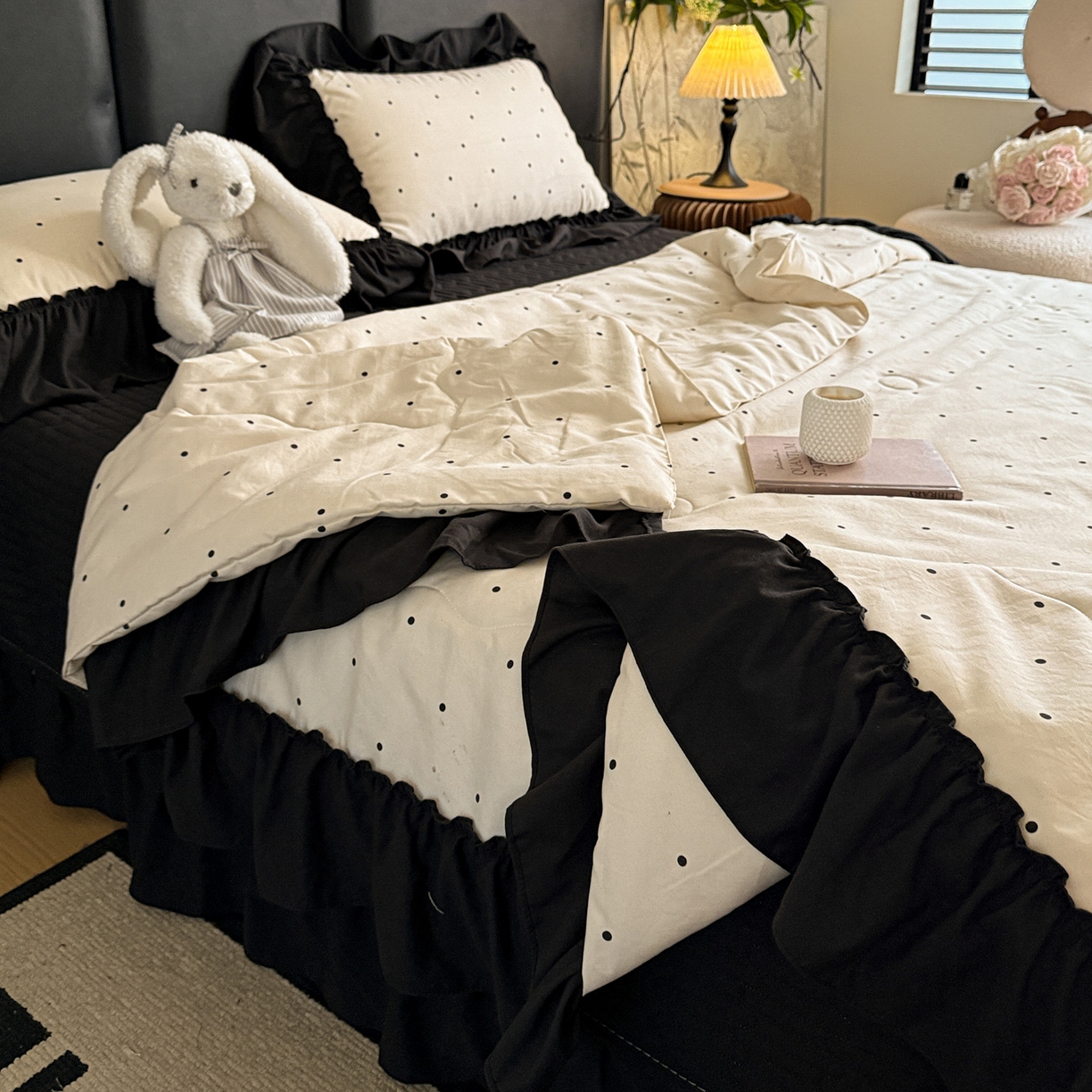 91家纺网 家纺一手货源 找家纺 富米莱（原臻工厂） 2026新款韩系古法韩国水洗棉云棉大布袋法式浪漫大花边床盖夏凉被床盖四件套 点点黑