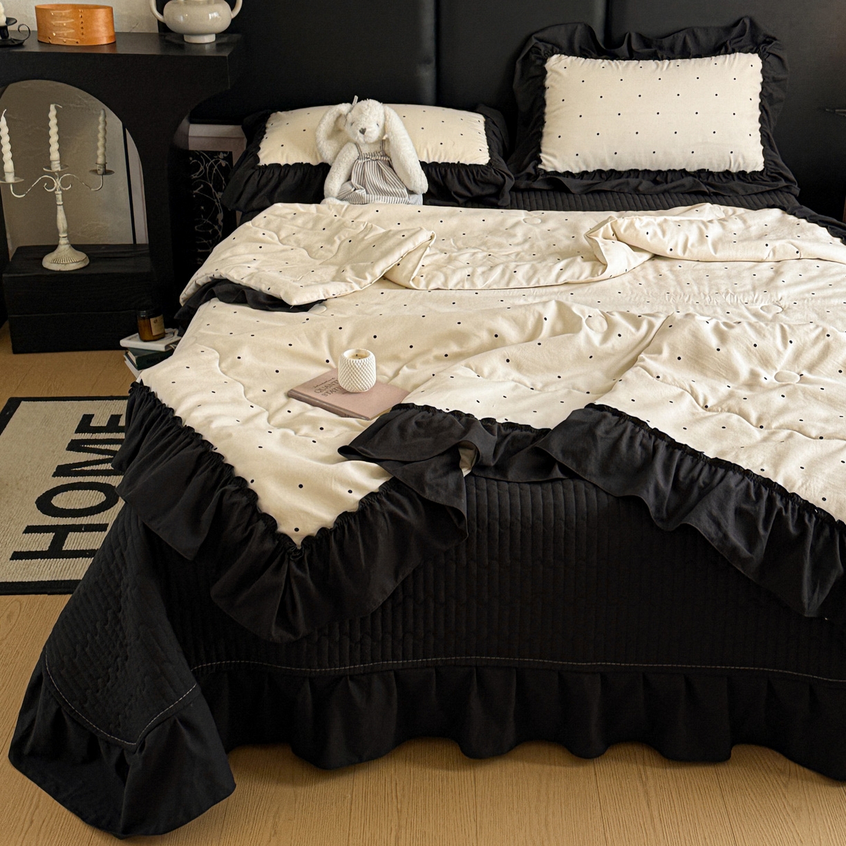 91家纺网 家纺一手货源 找家纺 富米莱（原臻工厂） 2026新款韩系古法韩国水洗棉云棉大布袋法式浪漫大花边床盖夏凉被床盖四件套 点点黑