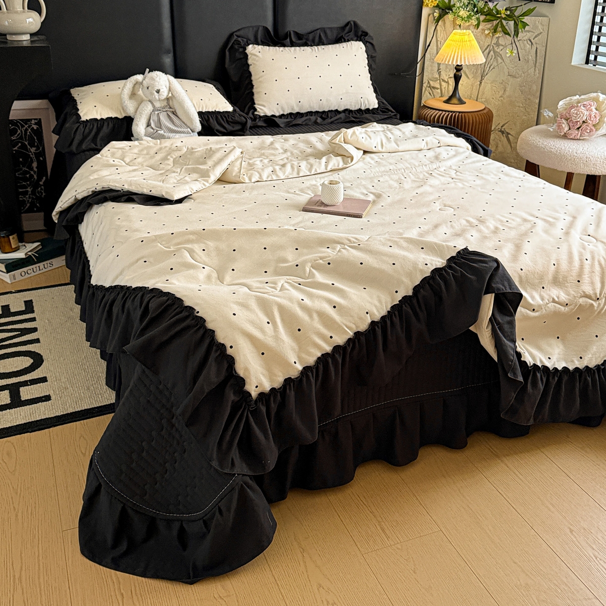 91家纺网 家纺一手货源 找家纺 富米莱（原臻工厂） 2026新款韩系古法韩国水洗棉云棉大布袋法式浪漫大花边床盖夏凉被床盖四件套 点点黑