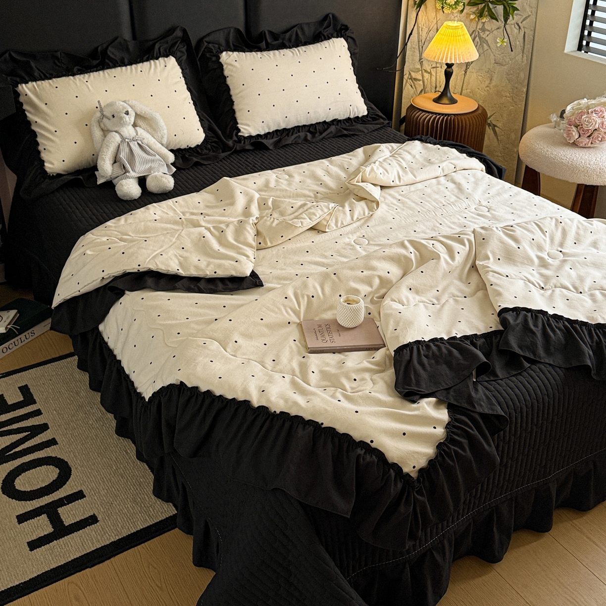 91家纺网 家纺一手货源 找家纺 富米莱（原臻工厂） 2026新款韩系古法韩国水洗棉云棉大布袋法式浪漫大花边床盖夏凉被床盖四件套 点点黑