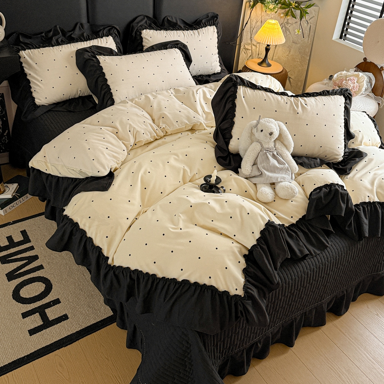 91家纺网 家纺一手货源 找家纺 富米莱（原臻工厂） 2026新款韩系古法韩国水洗棉云棉大布袋法式浪漫大花边床盖夏凉被床盖四件套 点点黑