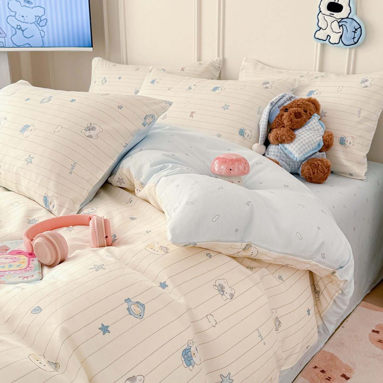 简宜家居（朝初家纺） 2026新款全棉12868卡通印花四件套大耳朵兔兔系列 线条蓝猫咪