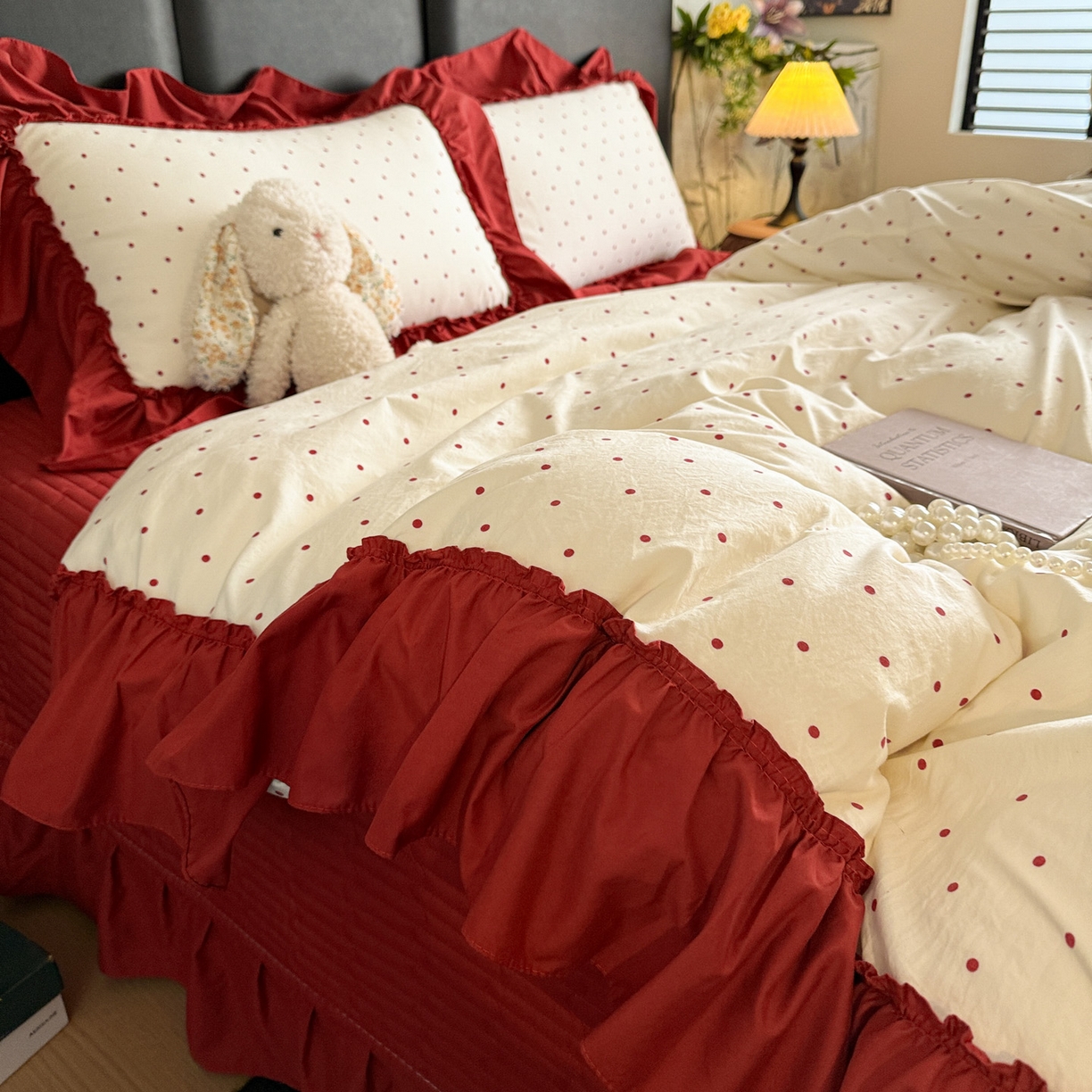 91家纺网 家纺一手货源 找家纺 富米莱（原臻工厂） 2026新款韩系古法韩国水洗棉云棉大布袋法式浪漫大花边床盖夏凉被床盖四件套 点点红