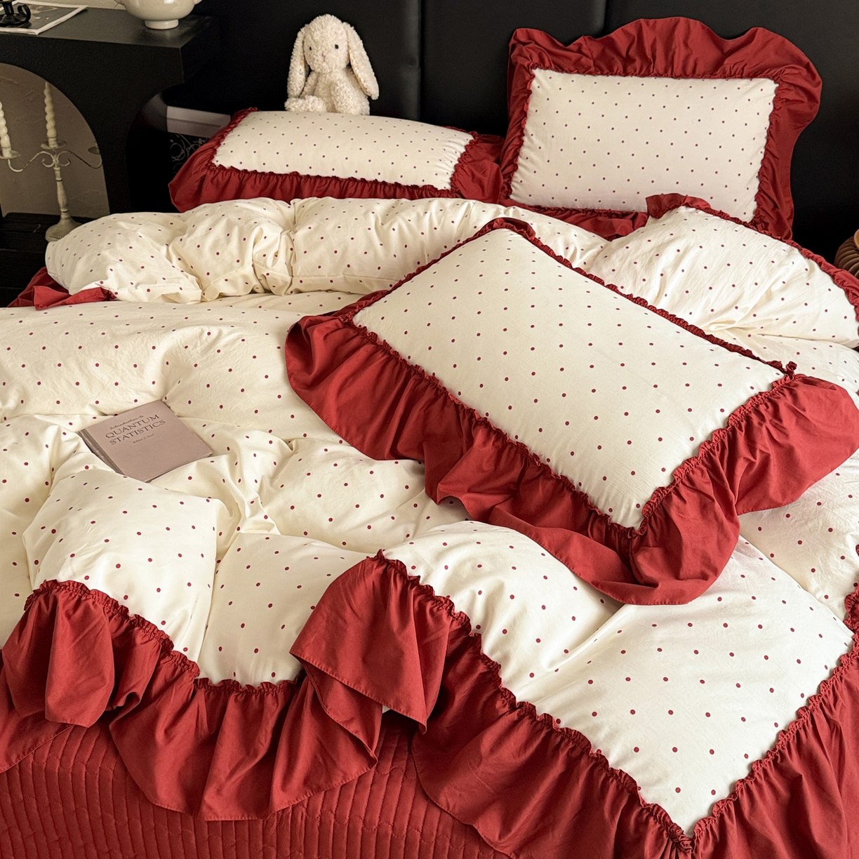 91家纺网 家纺一手货源 找家纺 富米莱（原臻工厂） 2026新款韩系古法韩国水洗棉云棉大布袋法式浪漫大花边床盖夏凉被床盖四件套 点点红