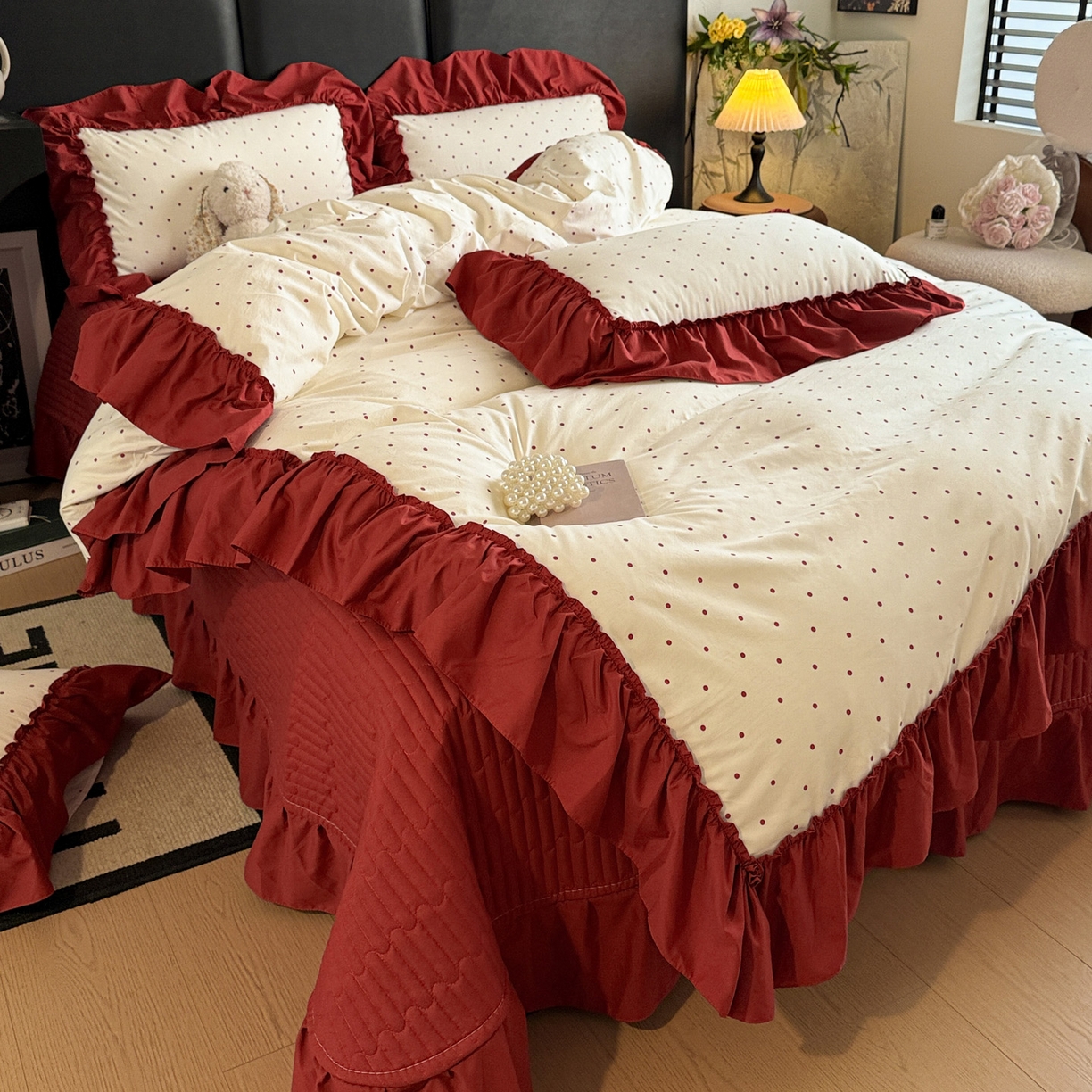 91家纺网 家纺一手货源 找家纺 富米莱（原臻工厂） 2026新款韩系古法韩国水洗棉云棉大布袋法式浪漫大花边床盖夏凉被床盖四件套 点点红