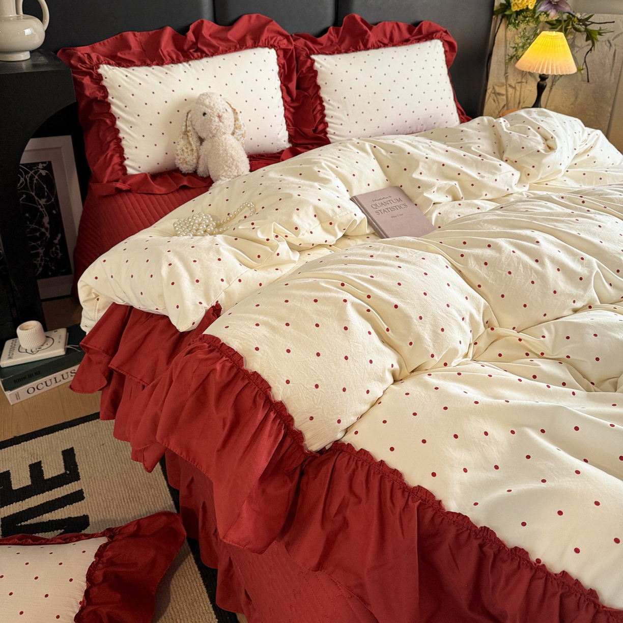 91家纺网 家纺一手货源 找家纺 富米莱（原臻工厂） 2026新款韩系古法韩国水洗棉云棉大布袋法式浪漫大花边床盖夏凉被床盖四件套 点点红