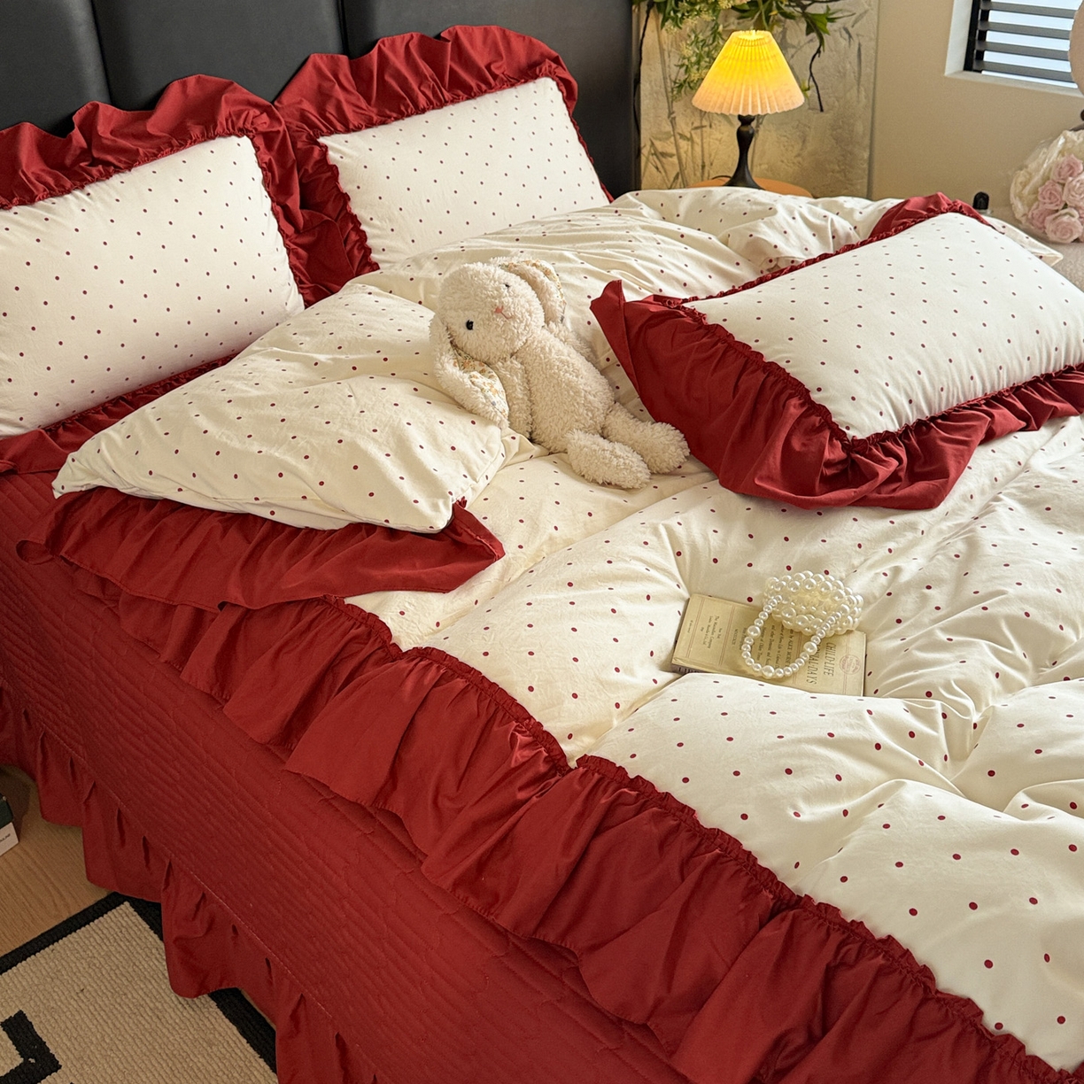 91家纺网 家纺一手货源 找家纺 富米莱（原臻工厂） 2026新款韩系古法韩国水洗棉云棉大布袋法式浪漫大花边床盖夏凉被床盖四件套 点点红