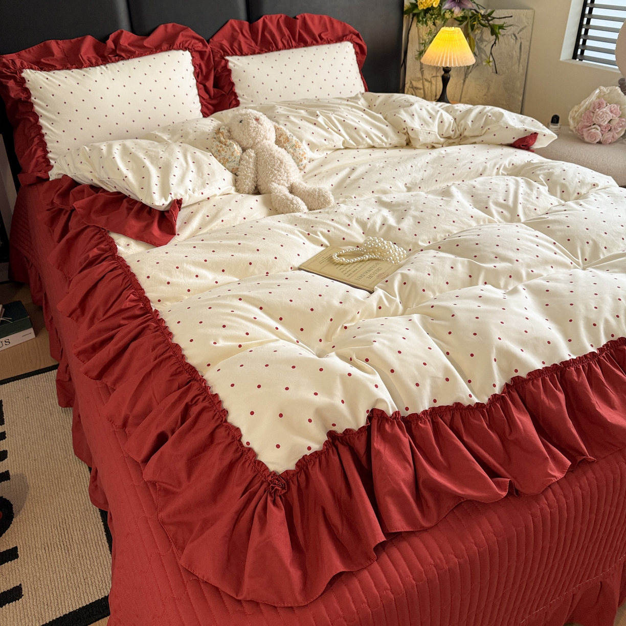 91家纺网 家纺一手货源 找家纺 富米莱（原臻工厂） 2026新款韩系古法韩国水洗棉云棉大布袋法式浪漫大花边床盖夏凉被床盖四件套 点点红