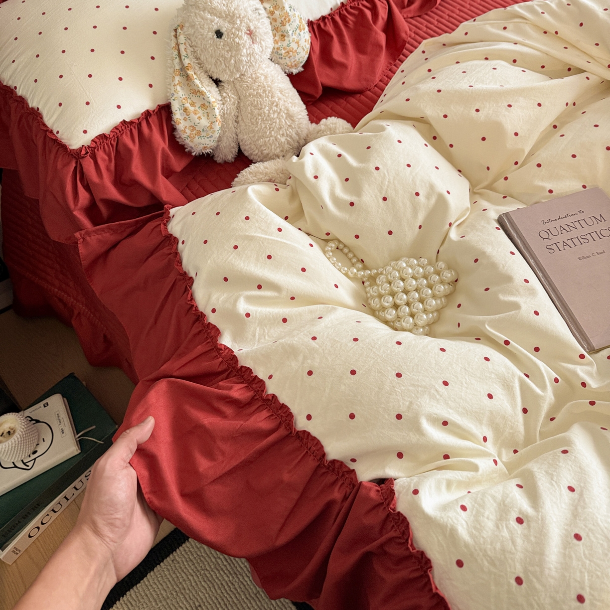 91家纺网 家纺一手货源 找家纺 富米莱（原臻工厂） 2026新款韩系古法韩国水洗棉云棉大布袋法式浪漫大花边床盖夏凉被床盖四件套 点点红