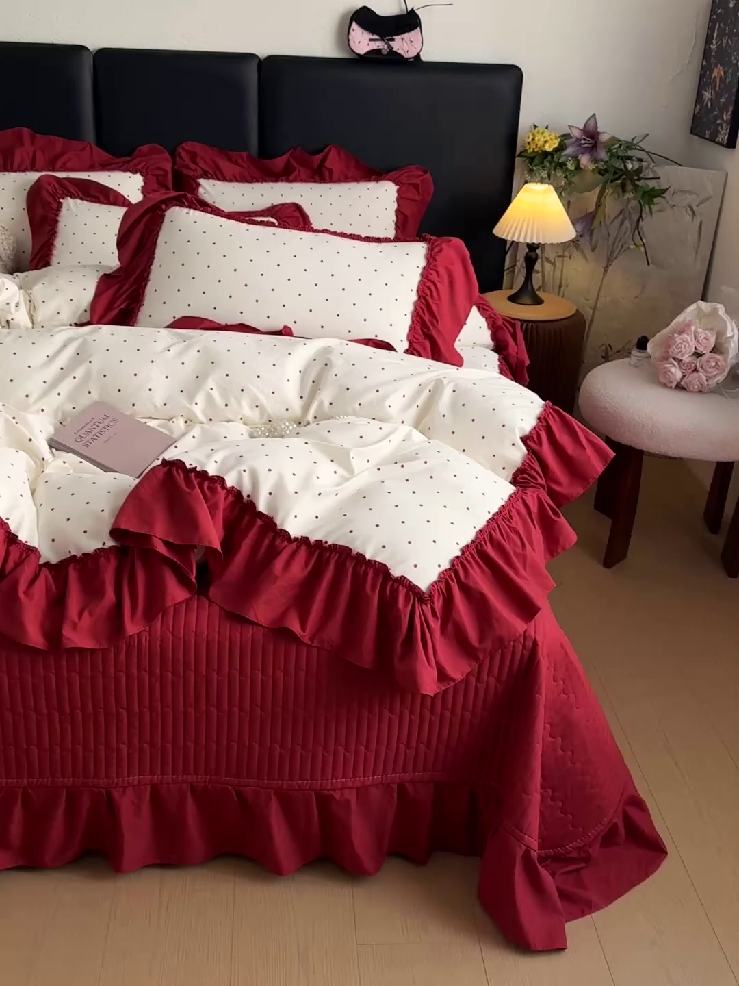 91家纺网 家纺一手货源 找家纺 富米莱（原臻工厂） 2026新款韩系古法韩国水洗棉云棉大布袋法式浪漫大花边床盖夏凉被床盖四件套 点点红