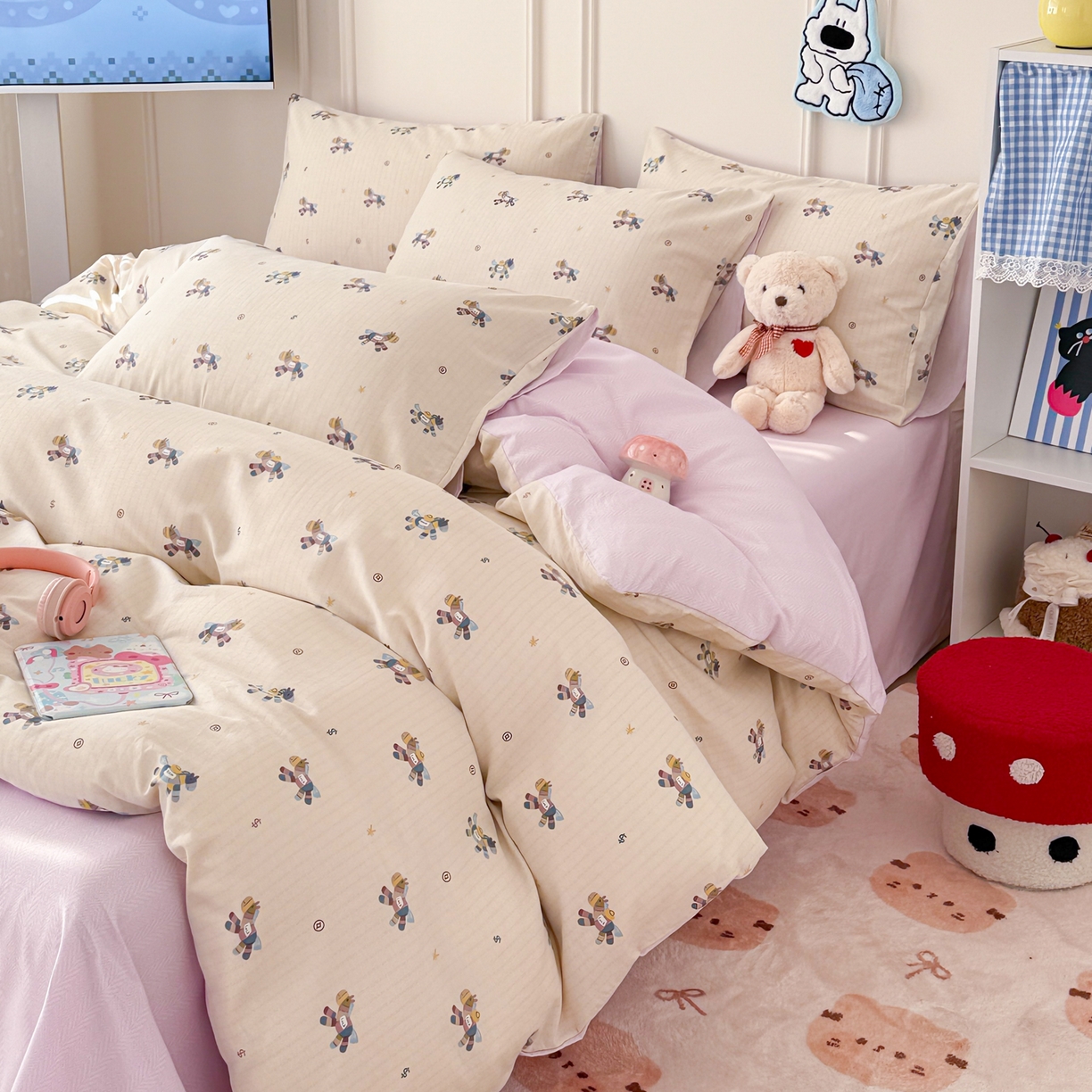 91家纺网 家纺一手货源 找家纺 简宜家居（朝初家纺） 2026新款全棉12868卡通印花四件套大耳朵兔兔系列 线条木马