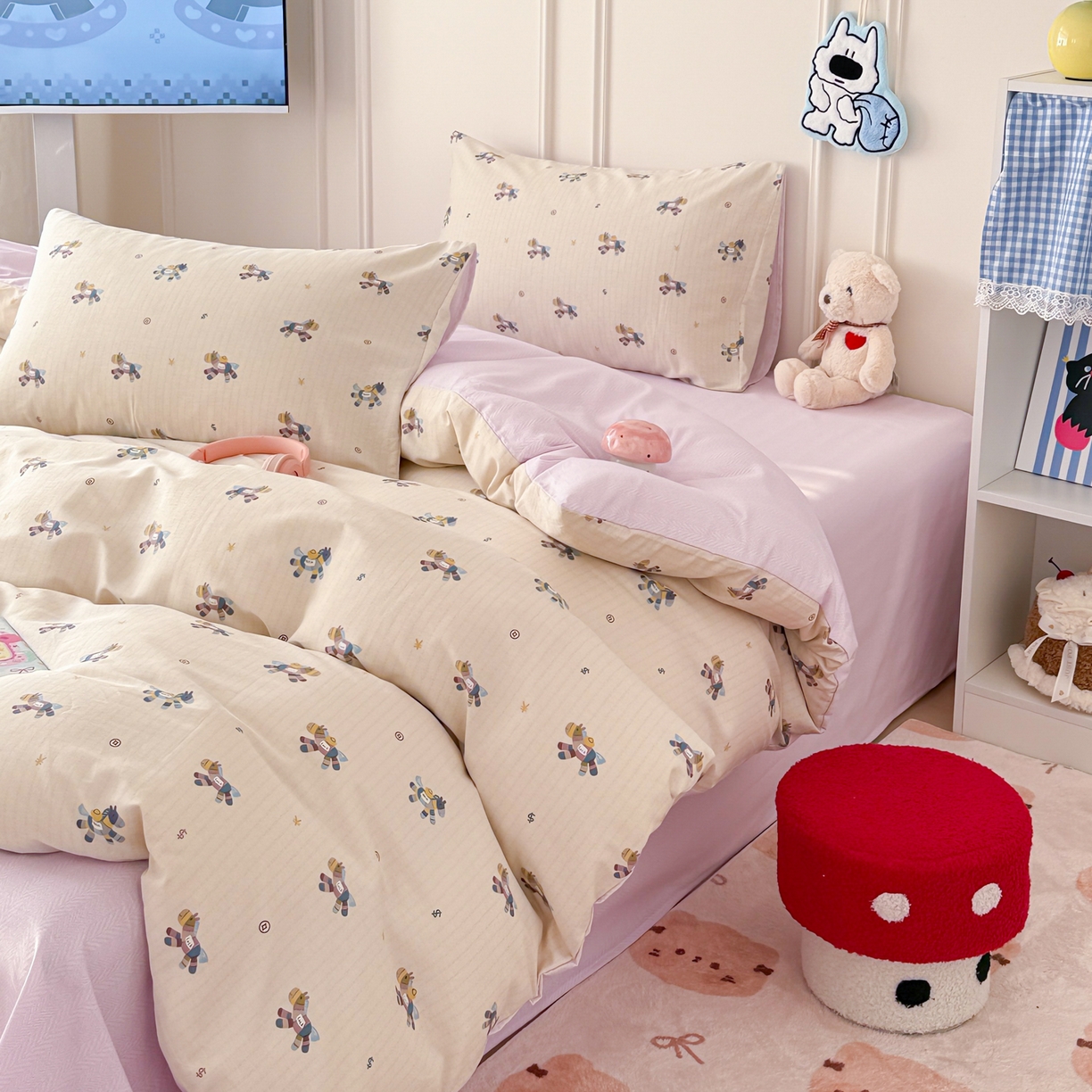 91家纺网 家纺一手货源 找家纺 简宜家居（朝初家纺） 2026新款全棉12868卡通印花四件套大耳朵兔兔系列 线条木马