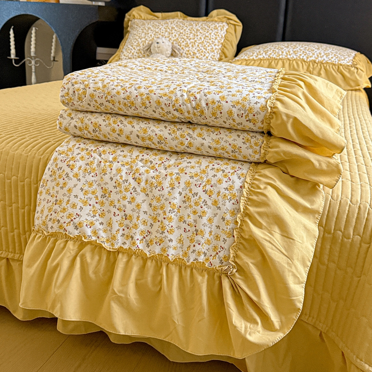 91家纺网 家纺一手货源 找家纺 富米莱（原臻工厂） 2026新款韩系古法韩国水洗棉云棉大布袋法式浪漫大花边床盖夏凉被床盖四件套 花满满