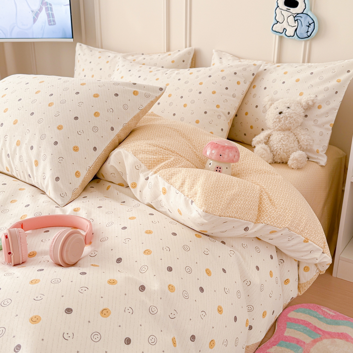 简宜家居（朝初家纺） 2026新款全棉12868卡通印花四件套大耳朵兔兔系列 小微笑