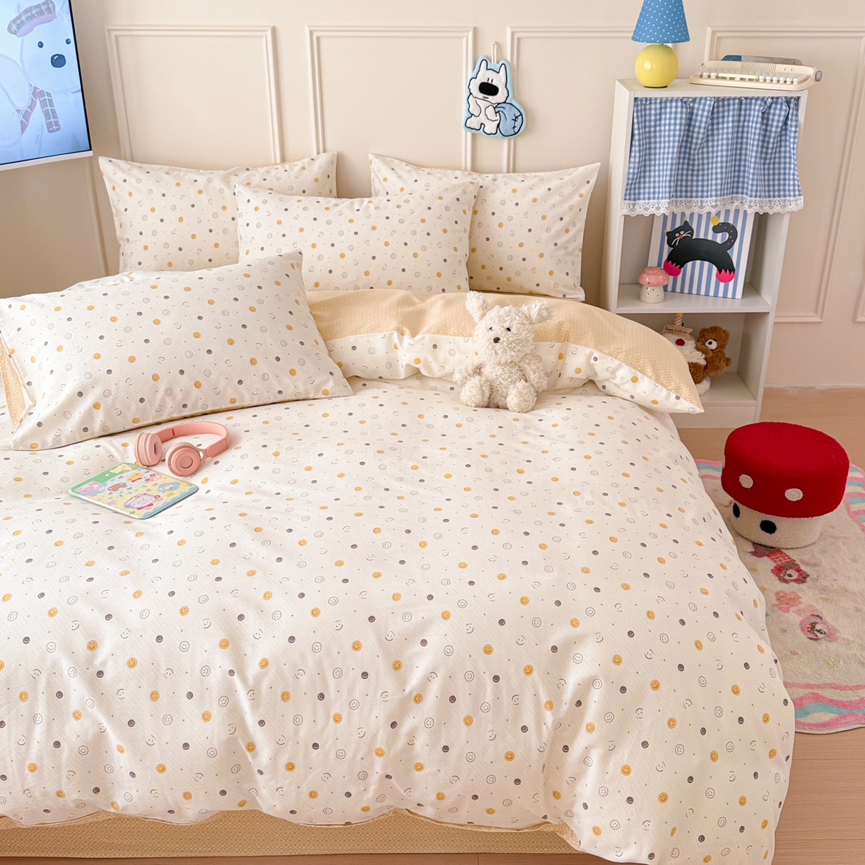 91家纺网 家纺一手货源 找家纺 简宜家居（朝初家纺） 2026新款全棉12868卡通印花四件套大耳朵兔兔系列 小微笑