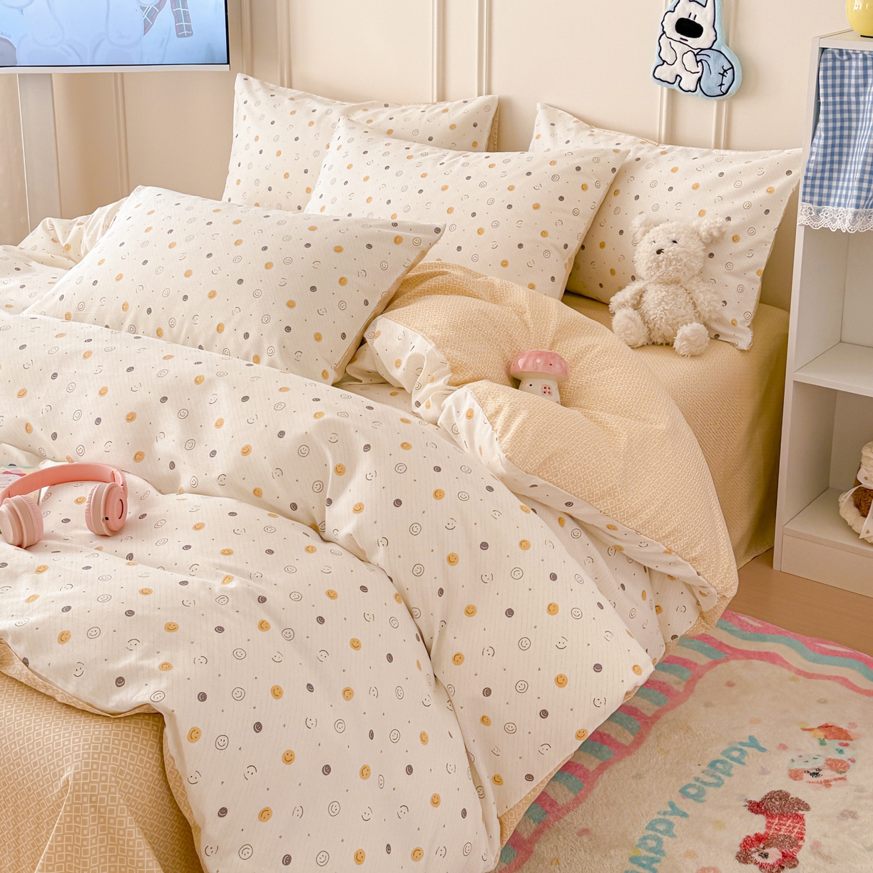 91家纺网 家纺一手货源 找家纺 简宜家居（朝初家纺） 2026新款全棉12868卡通印花四件套大耳朵兔兔系列 小微笑