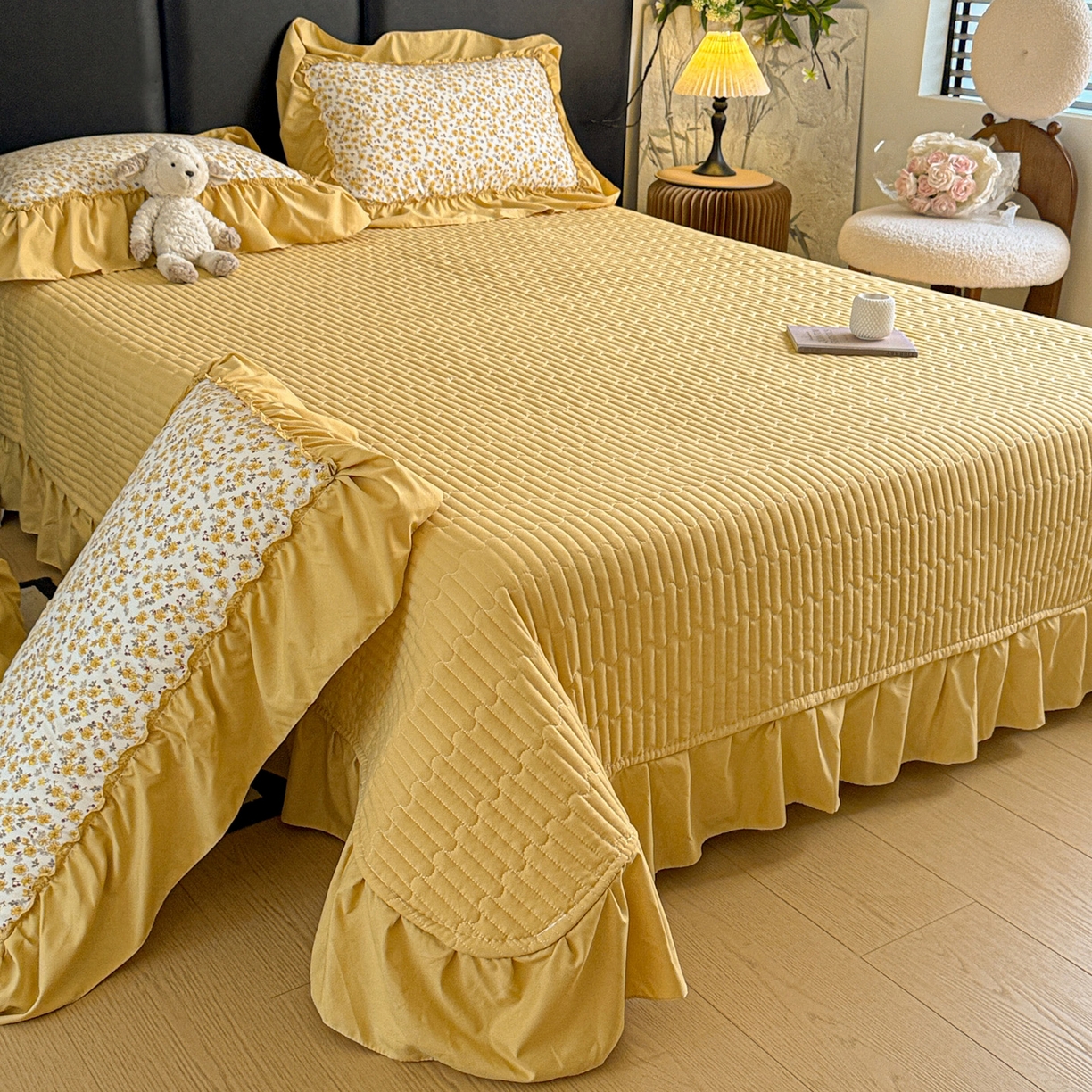 91家纺网 家纺一手货源 找家纺 富米莱（原臻工厂） 2026新款韩系古法韩国水洗棉云棉大布袋法式浪漫大花边床盖夏凉被床盖四件套 花满满