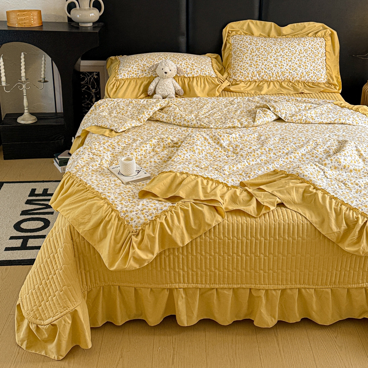 91家纺网 家纺一手货源 找家纺 富米莱（原臻工厂） 2026新款韩系古法韩国水洗棉云棉大布袋法式浪漫大花边床盖夏凉被床盖四件套 花满满