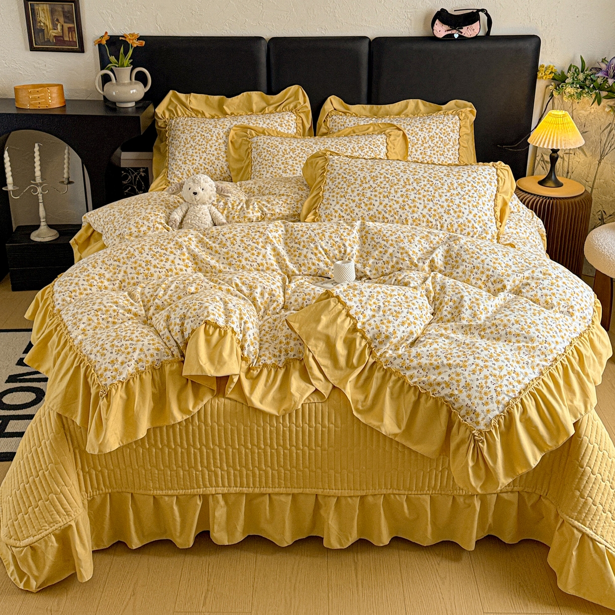 91家纺网 家纺一手货源 找家纺 富米莱（原臻工厂） 2026新款韩系古法韩国水洗棉云棉大布袋法式浪漫大花边床盖夏凉被床盖四件套 花满满