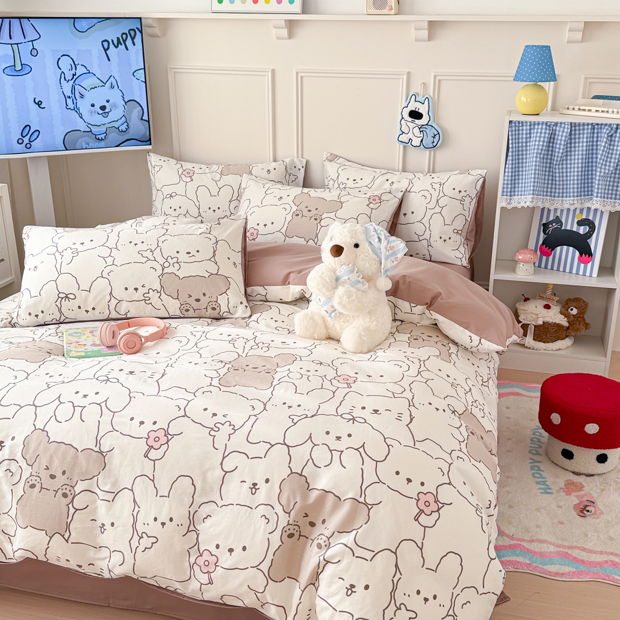91家纺网 家纺一手货源 找家纺 简宜家居（朝初家纺） 2026新款全棉12868卡通印花四件套大耳朵兔兔系列 小熊涂鸦