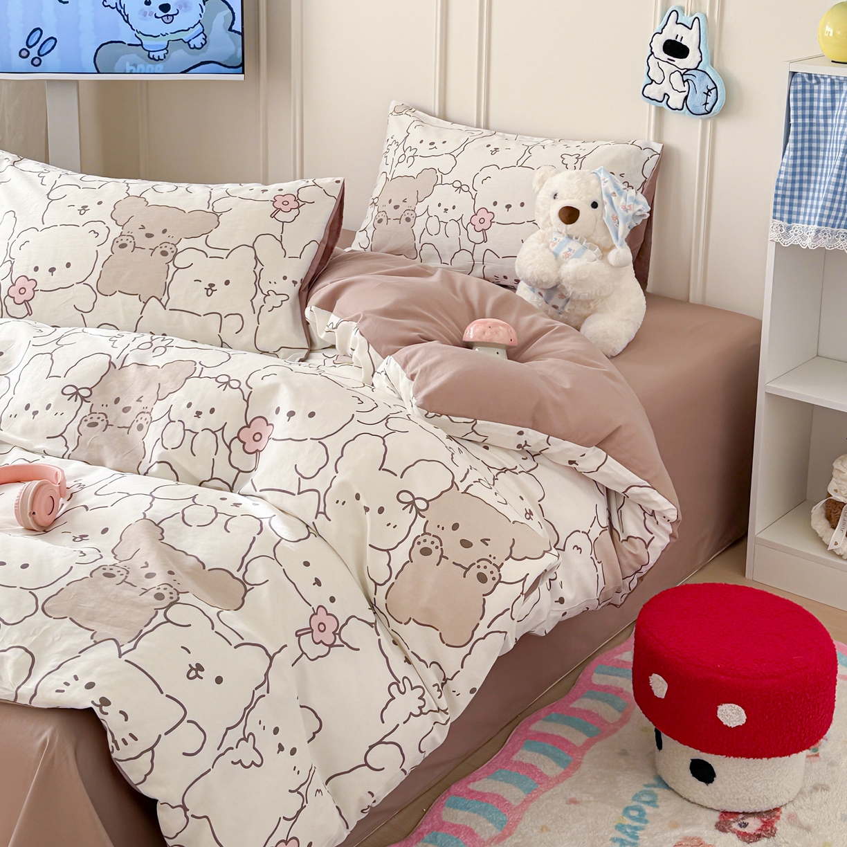 91家纺网 家纺一手货源 找家纺 简宜家居（朝初家纺） 2026新款全棉12868卡通印花四件套大耳朵兔兔系列 小熊涂鸦