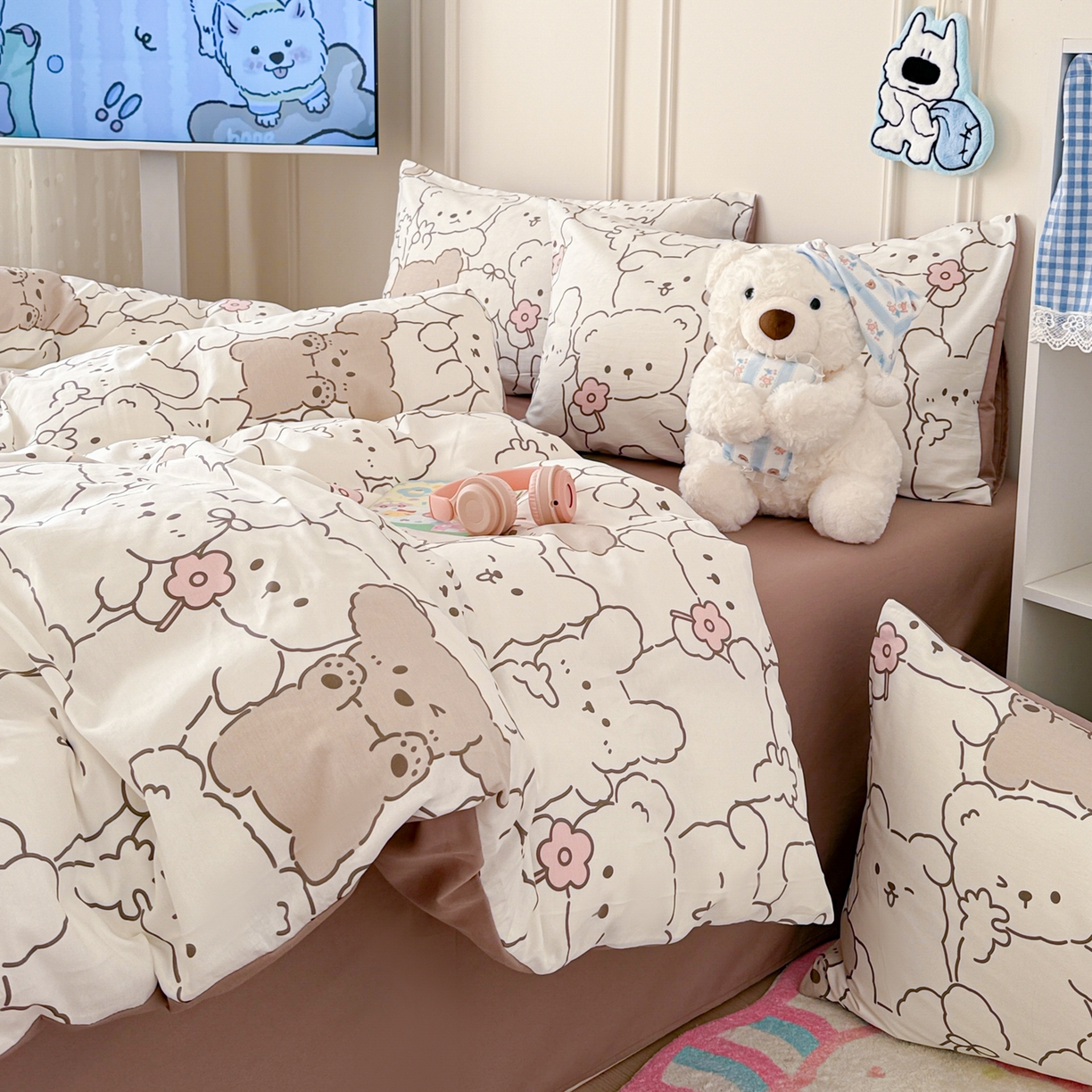 91家纺网 家纺一手货源 找家纺 简宜家居（朝初家纺） 2026新款全棉12868卡通印花四件套大耳朵兔兔系列 小熊涂鸦
