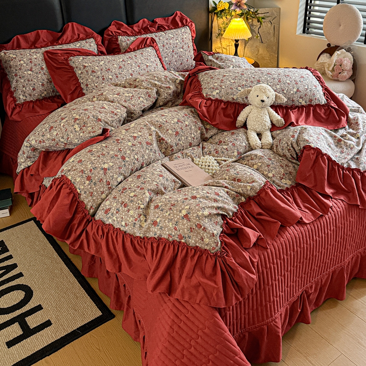 91家纺网 家纺一手货源 找家纺 富米莱（原臻工厂） 2026新款韩系古法韩国水洗棉云棉大布袋法式浪漫大花边床盖夏凉被床盖四件套 浪漫玫瑰