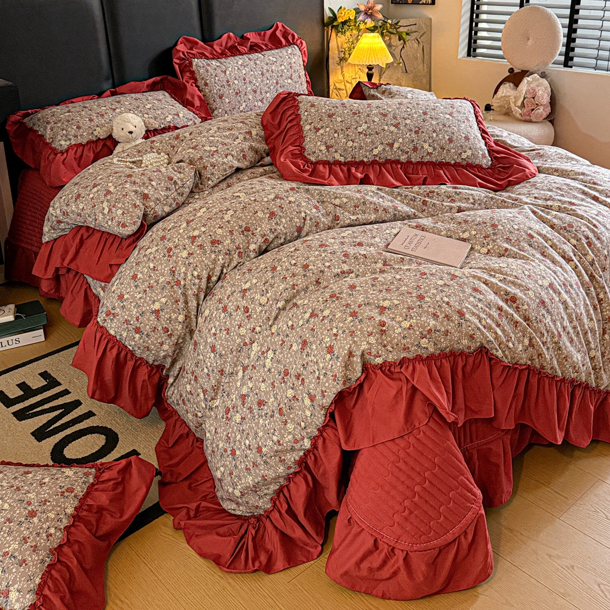 91家纺网 家纺一手货源 找家纺 富米莱（原臻工厂） 2026新款韩系古法韩国水洗棉云棉大布袋法式浪漫大花边床盖夏凉被床盖四件套 浪漫玫瑰