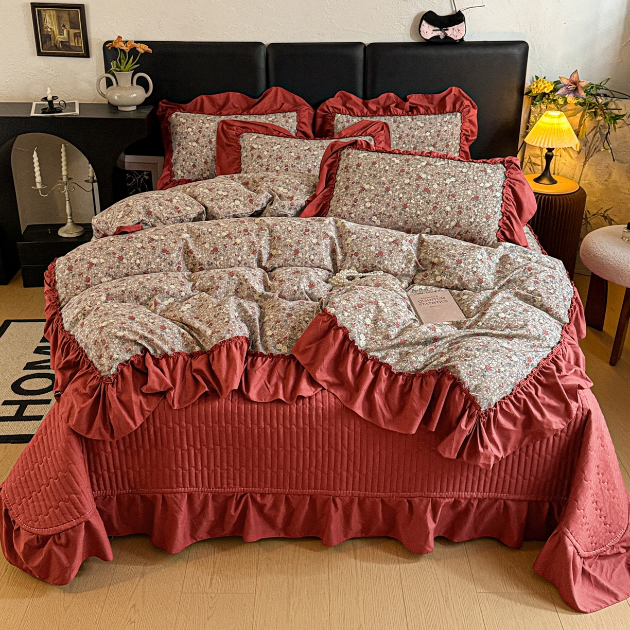 91家纺网 家纺一手货源 找家纺 富米莱（原臻工厂） 2026新款韩系古法韩国水洗棉云棉大布袋法式浪漫大花边床盖夏凉被床盖四件套 浪漫玫瑰