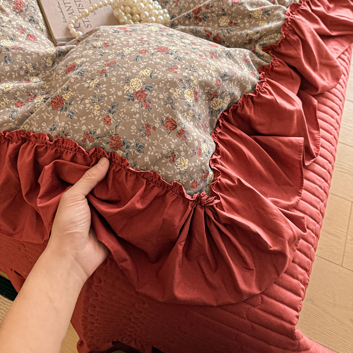 91家纺网 家纺一手货源 找家纺 富米莱（原臻工厂） 2026新款韩系古法韩国水洗棉云棉大布袋法式浪漫大花边床盖夏凉被床盖四件套 浪漫玫瑰