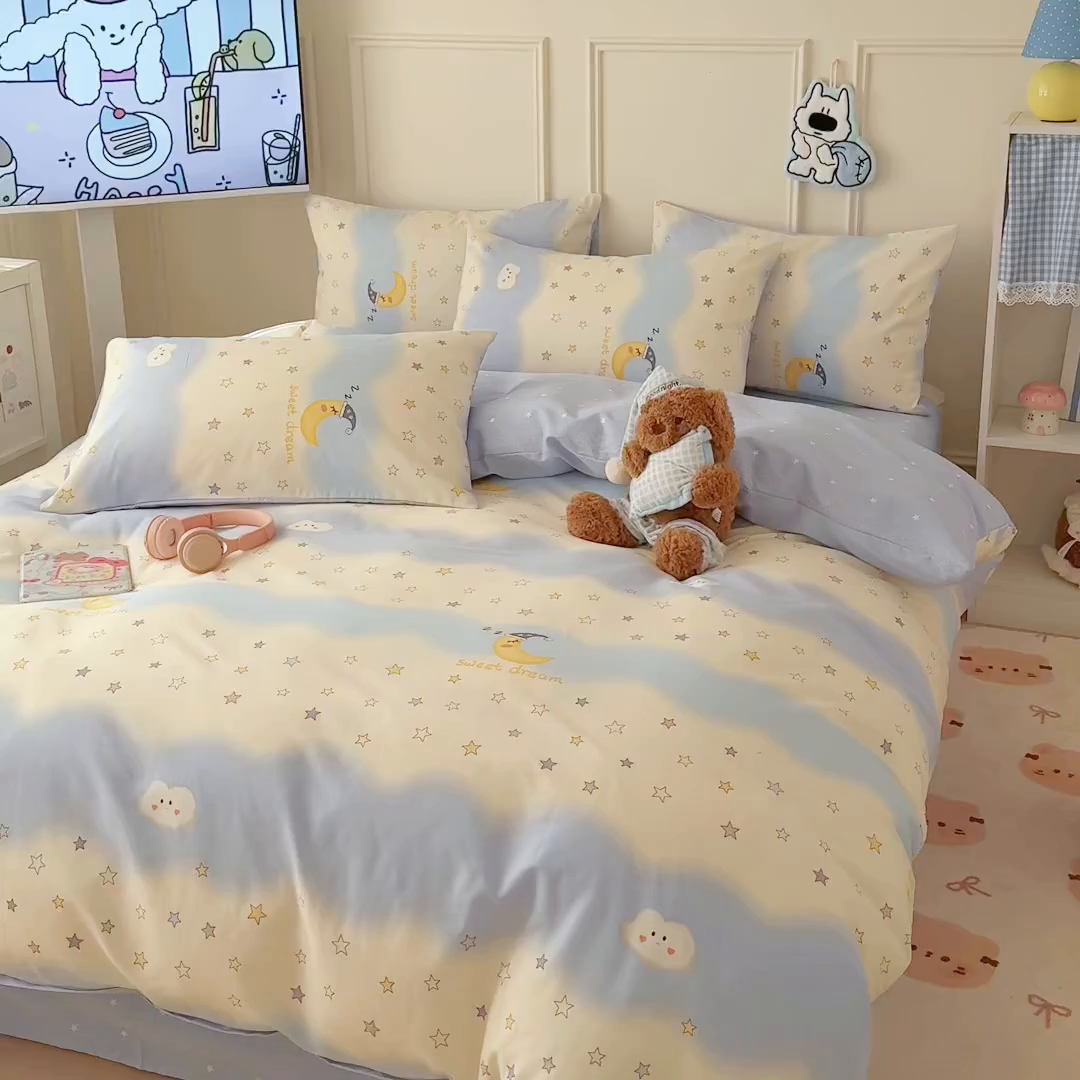 91家纺网 家纺一手货源 找家纺 简宜家居（朝初家纺） 2026新款全棉12868卡通印花四件套大耳朵兔兔系列 星夜星浪