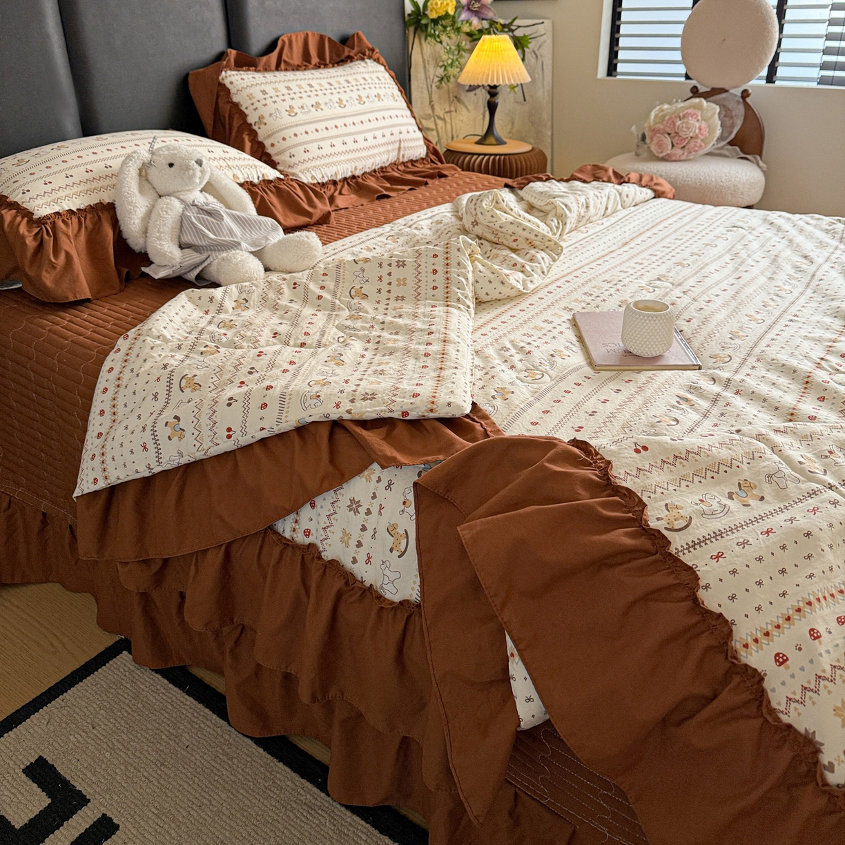 91家纺网 家纺一手货源 找家纺 富米莱（原臻工厂） 2026新款韩系古法韩国水洗棉云棉大布袋法式浪漫大花边床盖夏凉被床盖四件套 马上有钱