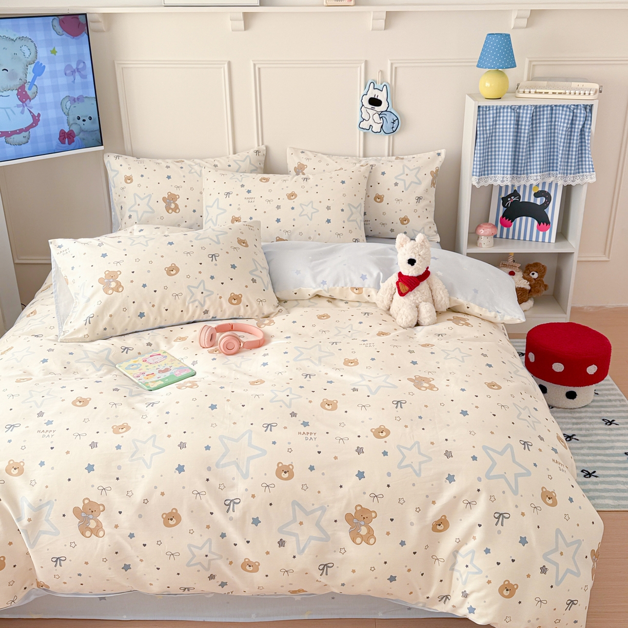 91家纺网 家纺一手货源 找家纺 简宜家居（朝初家纺） 2026新款全棉12868卡通印花四件套大耳朵兔兔系列 星愿熊