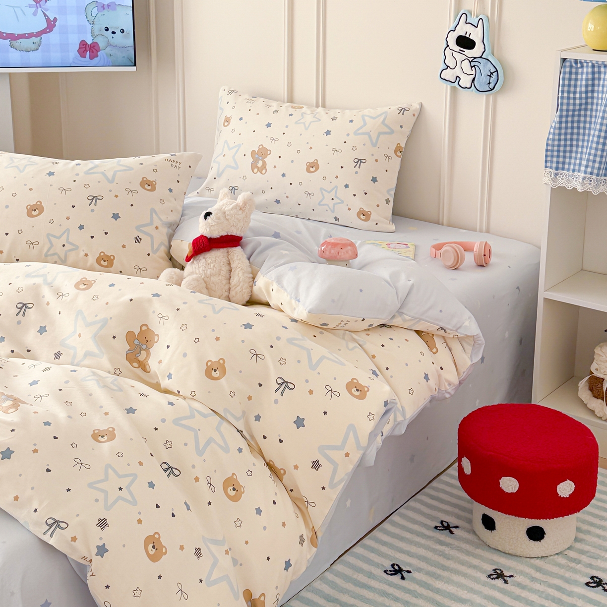 91家纺网 家纺一手货源 找家纺 简宜家居（朝初家纺） 2026新款全棉12868卡通印花四件套大耳朵兔兔系列 星愿熊