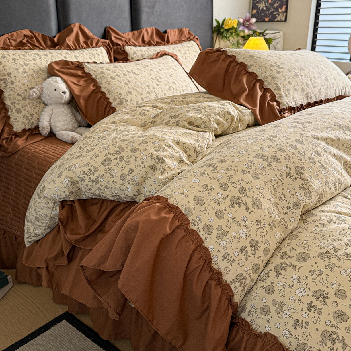 富米莱（原臻工厂） 2026新款韩系古法韩国水洗棉云棉大布袋法式浪漫大花边床盖夏凉被床盖四件套 玛奇朵