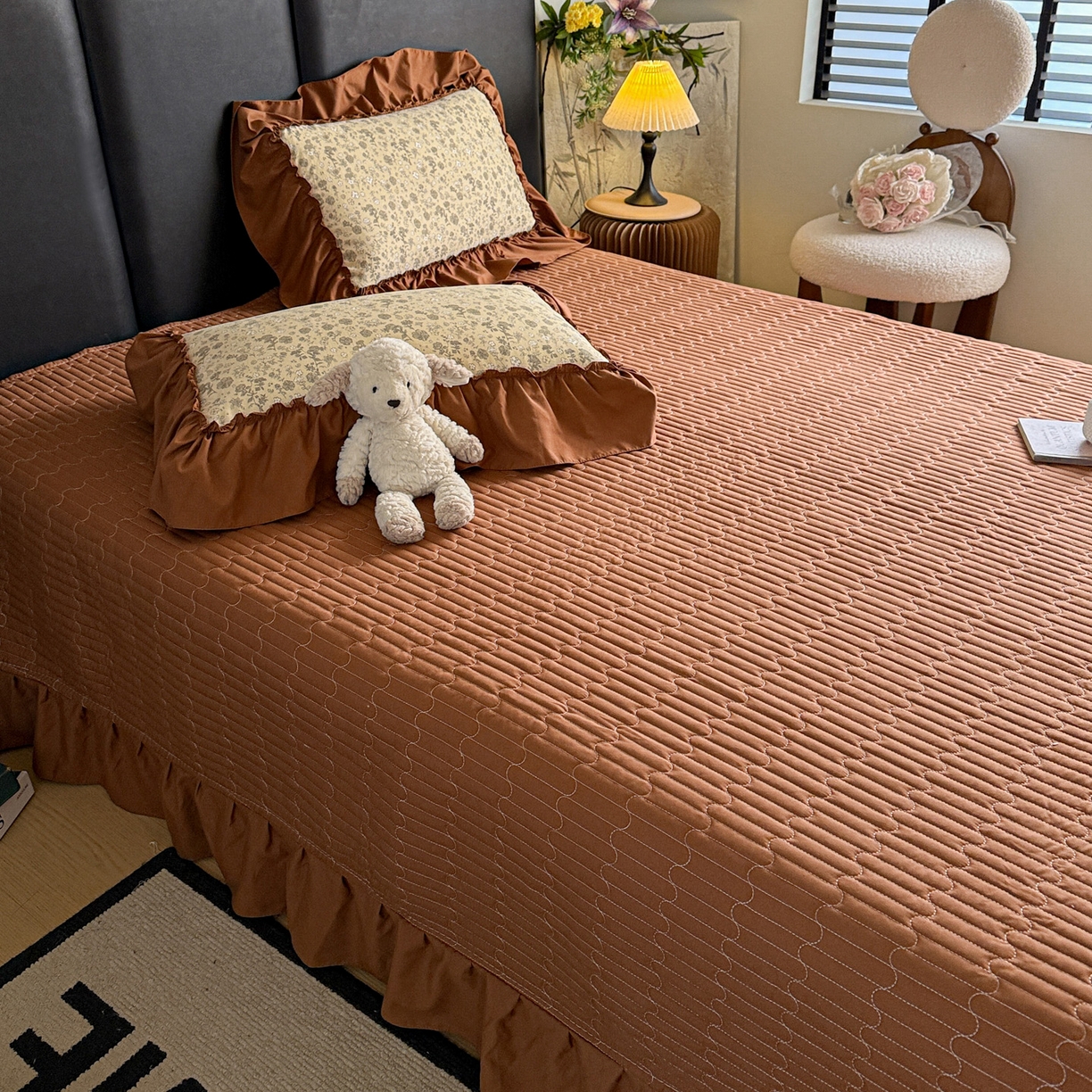 91家纺网 家纺一手货源 找家纺 富米莱（原臻工厂） 2026新款韩系古法韩国水洗棉云棉大布袋法式浪漫大花边床盖夏凉被床盖四件套 玛奇朵