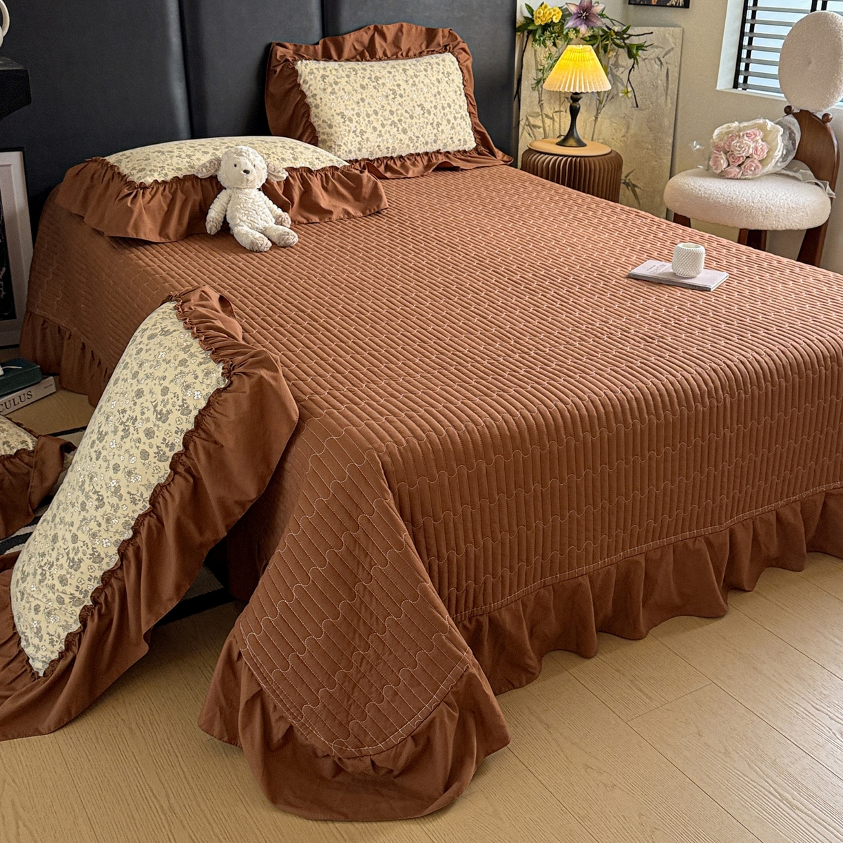 91家纺网 家纺一手货源 找家纺 富米莱（原臻工厂） 2026新款韩系古法韩国水洗棉云棉大布袋法式浪漫大花边床盖夏凉被床盖四件套 玛奇朵