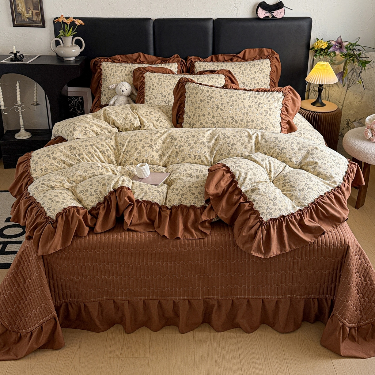 91家纺网 家纺一手货源 找家纺 富米莱（原臻工厂） 2026新款韩系古法韩国水洗棉云棉大布袋法式浪漫大花边床盖夏凉被床盖四件套 玛奇朵