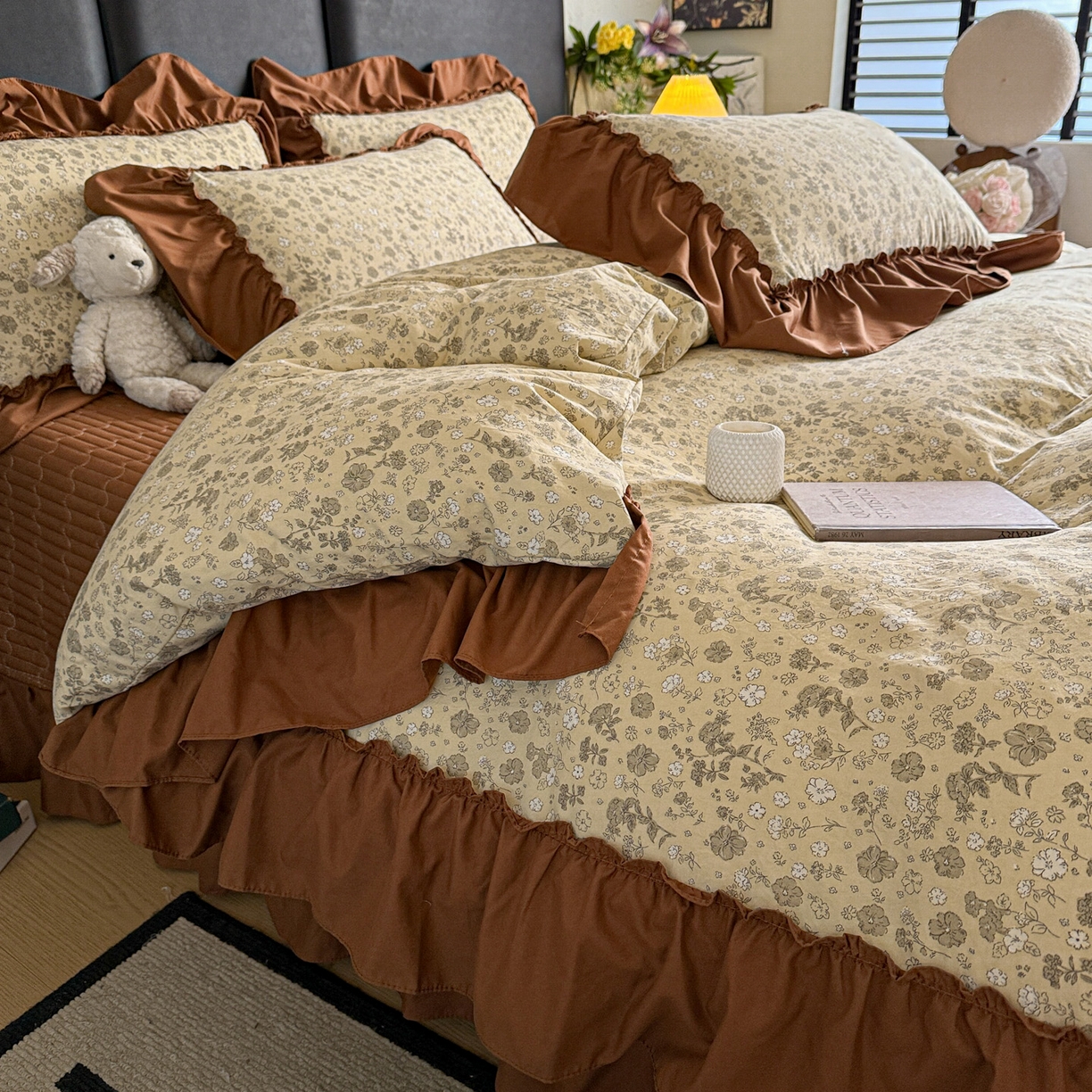 91家纺网 家纺一手货源 找家纺 富米莱（原臻工厂） 2026新款韩系古法韩国水洗棉云棉大布袋法式浪漫大花边床盖夏凉被床盖四件套 玛奇朵