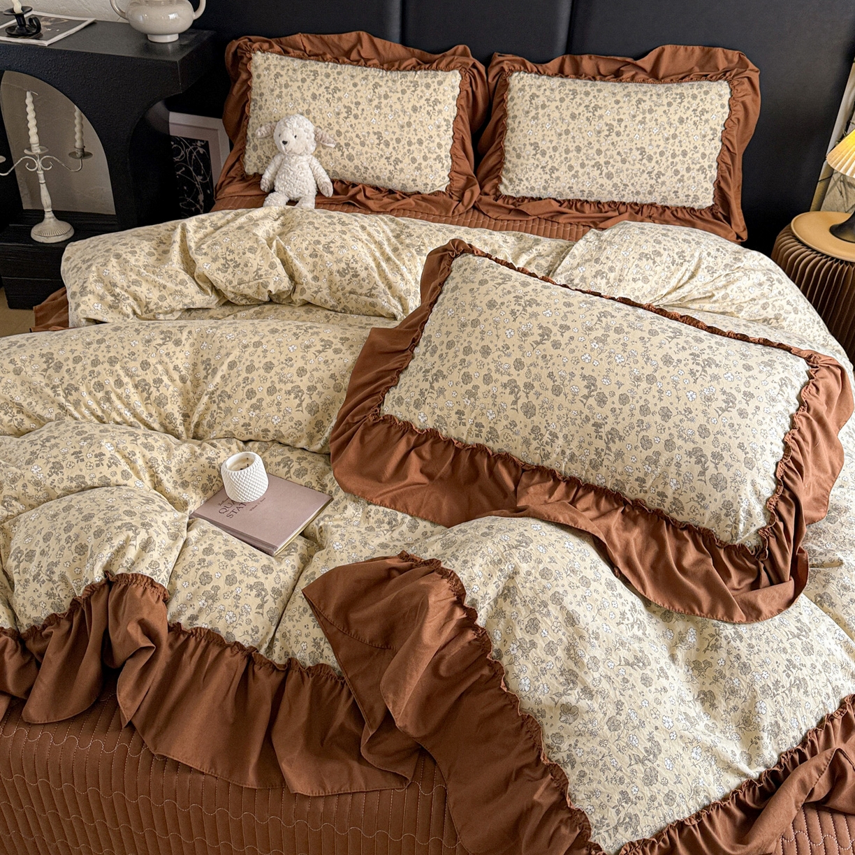 91家纺网 家纺一手货源 找家纺 富米莱（原臻工厂） 2026新款韩系古法韩国水洗棉云棉大布袋法式浪漫大花边床盖夏凉被床盖四件套 玛奇朵